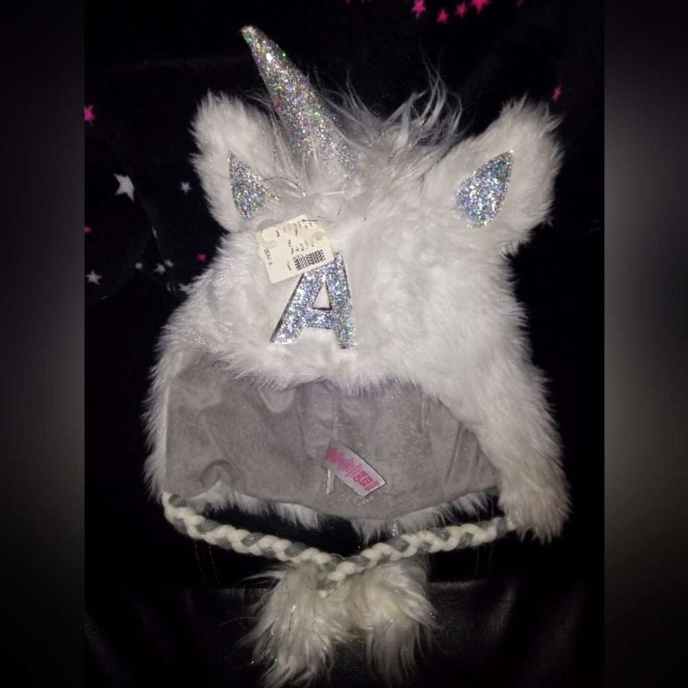 JUSTICE UNICORN TOBOGGAN INITIAL “A” White Fur,Soft* Cute* NWT
